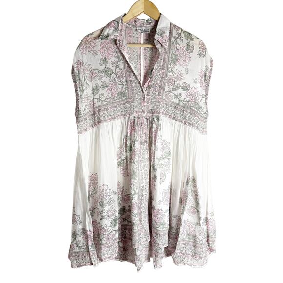 Juliet Dunn London White Floral Block Print Boho Cotton Shirt Mini Dress Size S - Picture 1 of 12